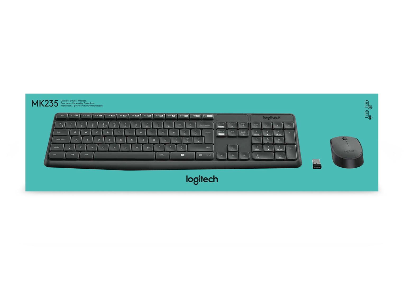 Trådløst tastatur og mus – Logitech MK235, fuld størrelse, US International, grå