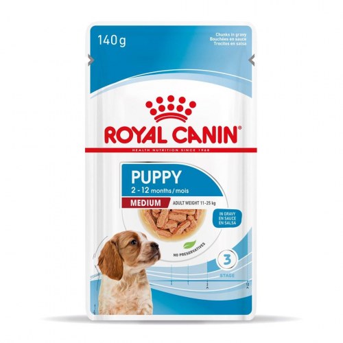 Hundefoder vådfoder Royal Canin Medium Puppy i sauce – 10×140 g