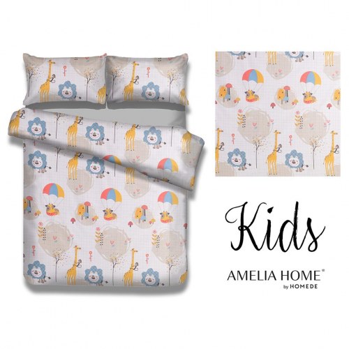 Sengesæt børn 135x200 + 40x60 + 80x80 – Amelia Home Kids, beige med trykte motiver