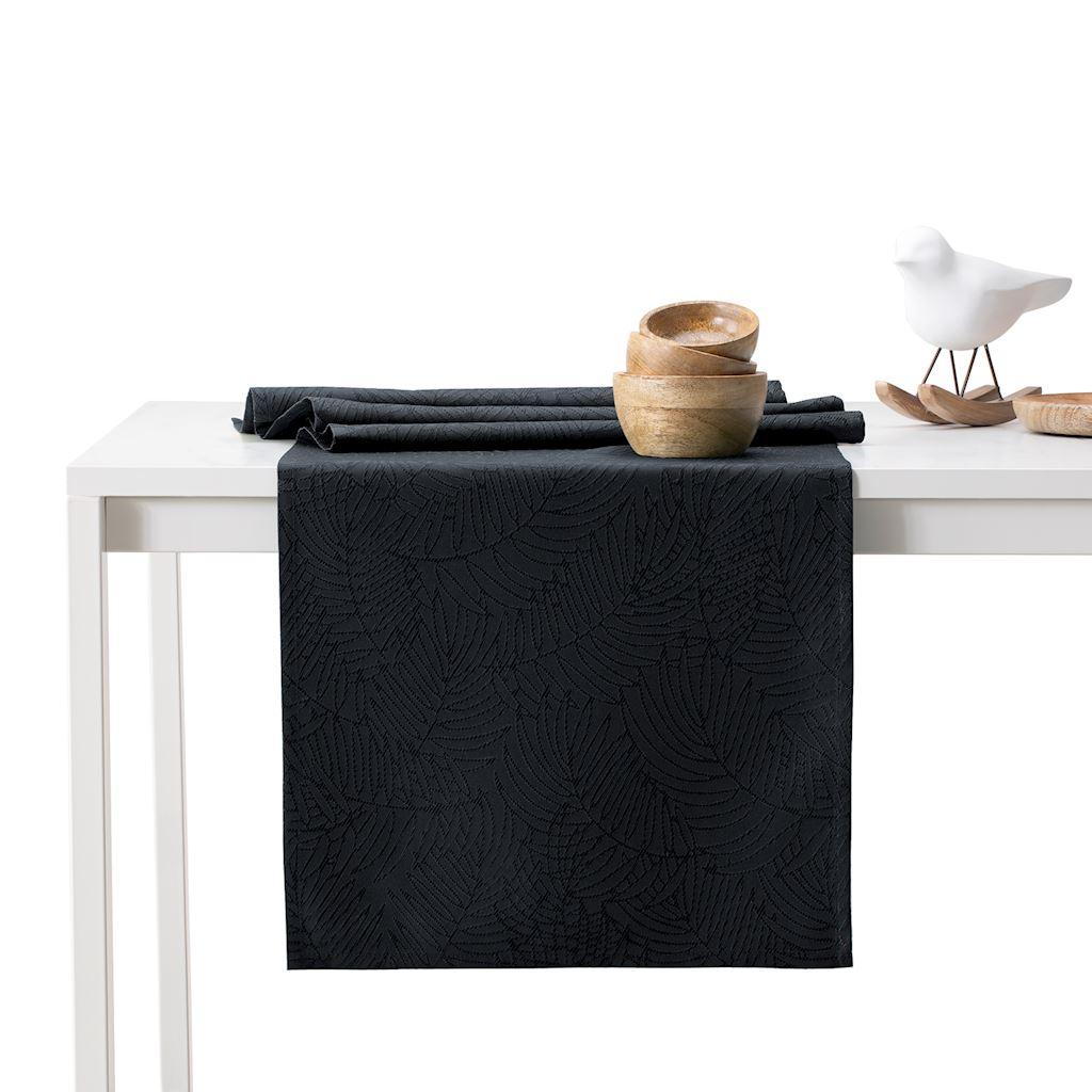 Dug sort Gaia med præget plantemotiv 115×300 + bordløber 35×300 - AmeliaHome