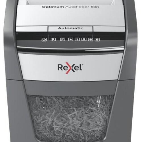 Makulator – Rexel Optimum AutoFeed+ 50X, krydsmakulering, 55 dB, 22 cm, sort/grå