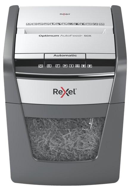 Makulator – Rexel Optimum AutoFeed+ 50X, krydsmakulering, 55 dB, 22 cm, sort/grå