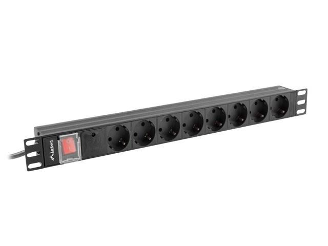 Stikdåse PDU 19" rack 1U - Lanberg, 8x Schuko, 16 A, 2 m kabel billede