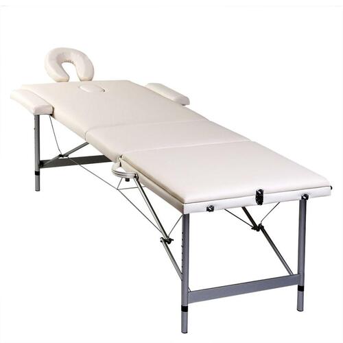 Cremefarvet sammenfoldeligt massagebord med aluminiumsstel,3 zoner