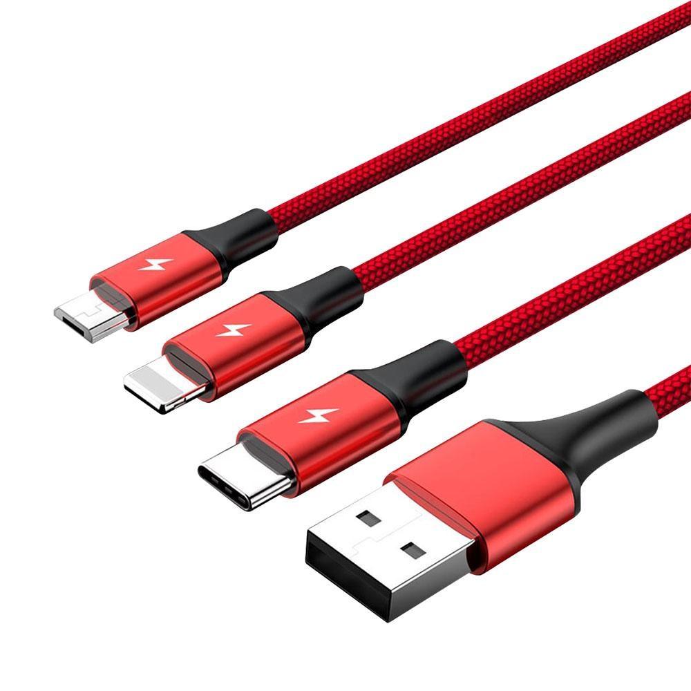USB kabel 3-i-1 UNITEK 1,2 m – USB-A til USB-C/Micro-USB/Lightning – Rød billede