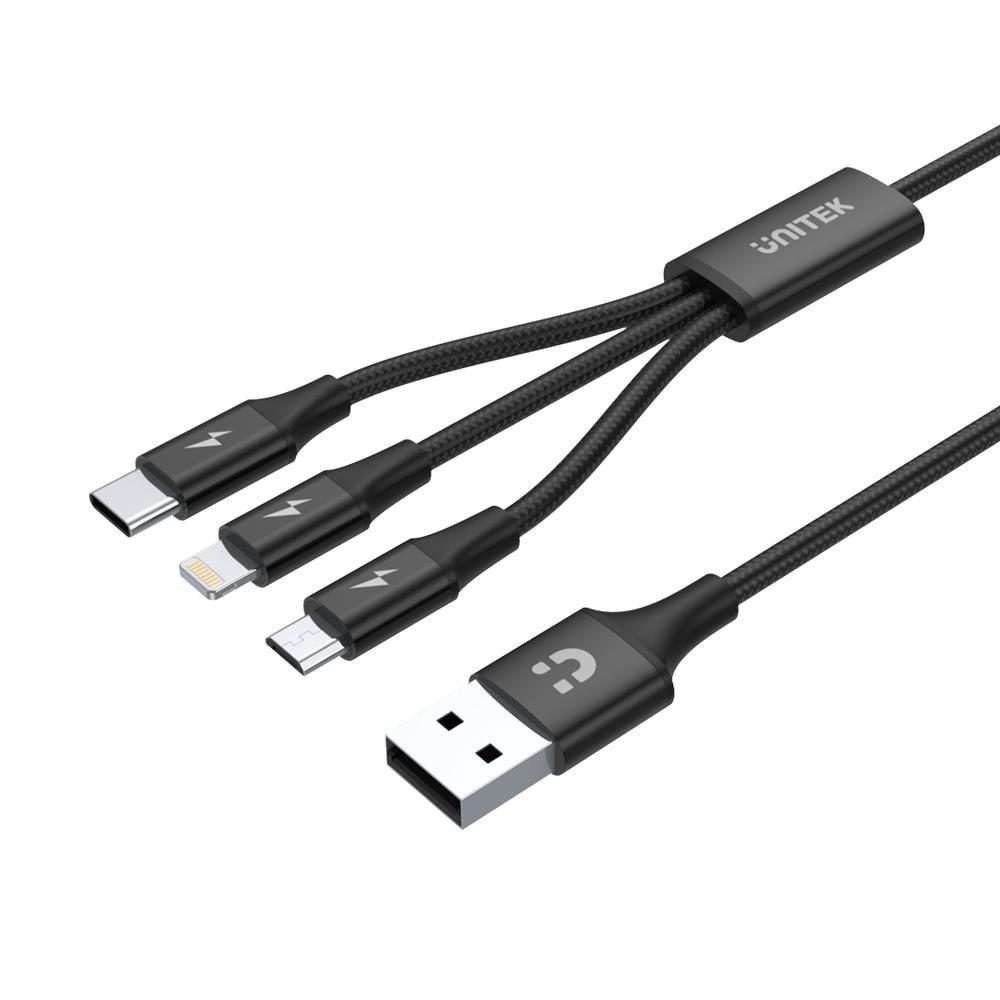 USB-kabel 3-i-1 UNITEK C14049BK - USB 2.0, USB‑C/Micro‑USB/Lightning, 1,2 m, sort billede