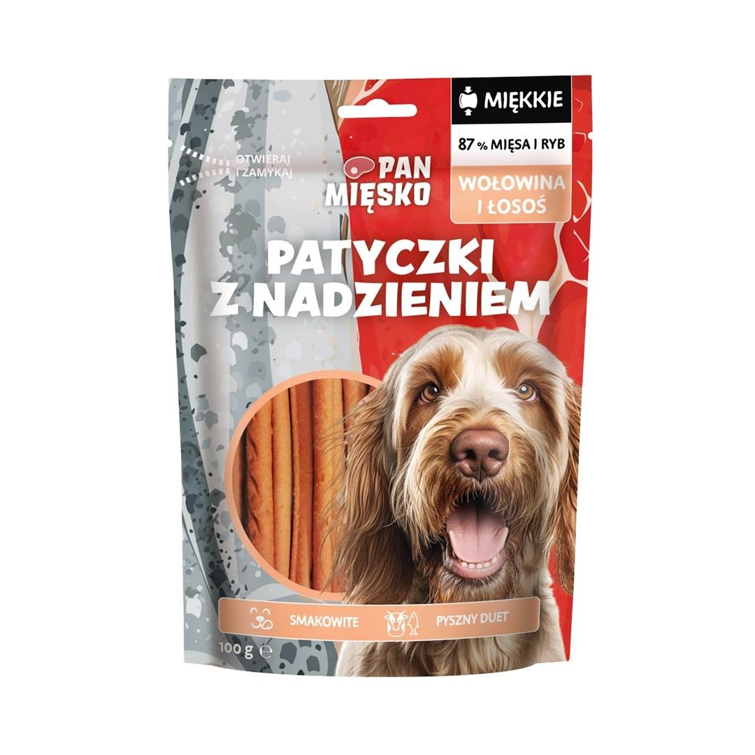 Hundegodbidder PAN MIĘSKO sticks med oksekød og laks – fyld – 100 g
