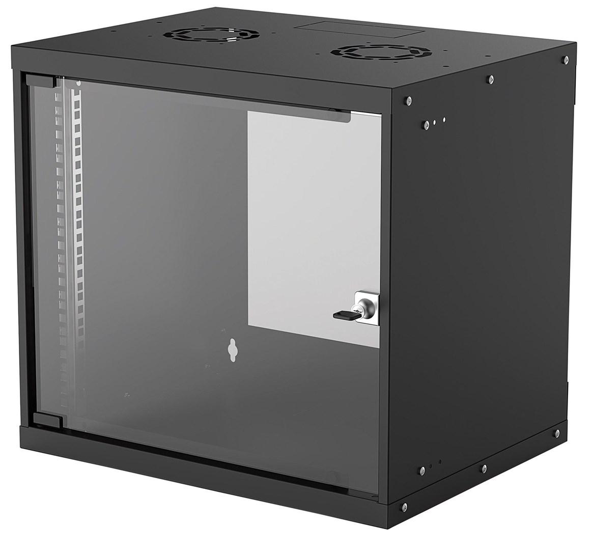 19" vægmonteret netværksskab Intellinet, 9U, 400 mm dyb, sort, fladpakket, glasdør, max 50 kg