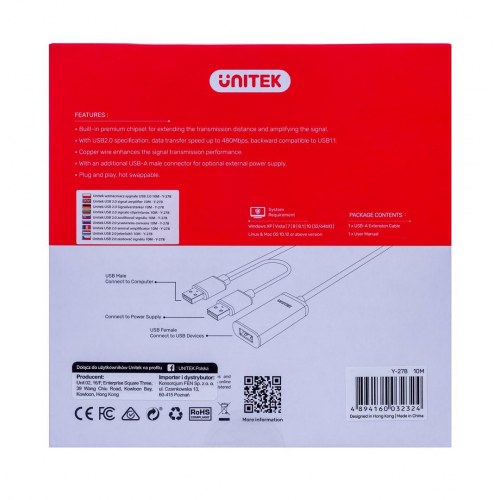 USB forlænger kabel 10 m - UNITEK USB-A til USB-A (han til hun), USB 2.0, sort
