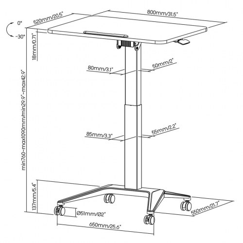 Hæve-/sænkebord til laptop - Maclean MC-453B, mobilt skrivebord med hjul, pneumatisk højdejustering, 80 × 52 cm, max 8 kg, sort