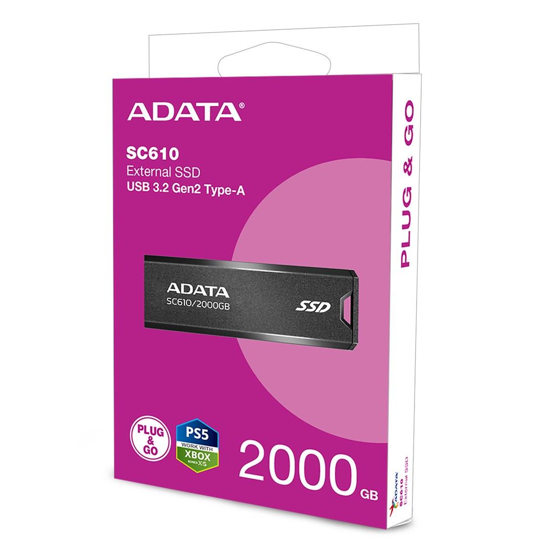 Ekstern SSD ADATA SC610 2 TB – USB 3.2 Gen 2 Type‑A (sort) billede