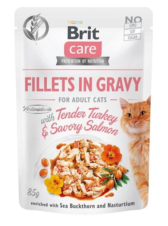 Vådfoder til kat – Brit Care Fillets in Gravy, kalkun og laks, 85 g