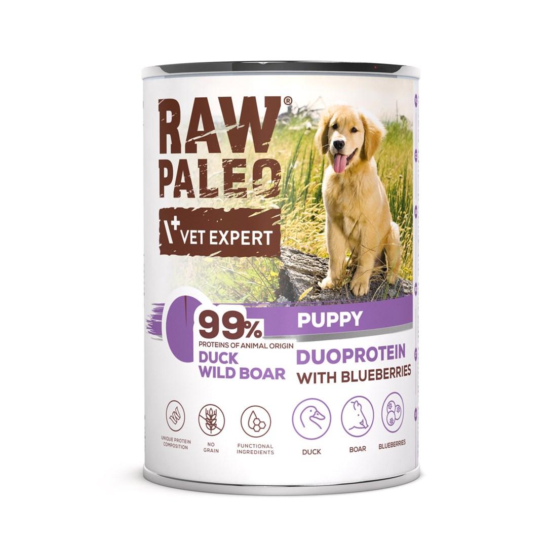 Hundefoder vådfoder VetExpert Raw Paleo Duoprotein And & Vildsvin Puppy 400 g
