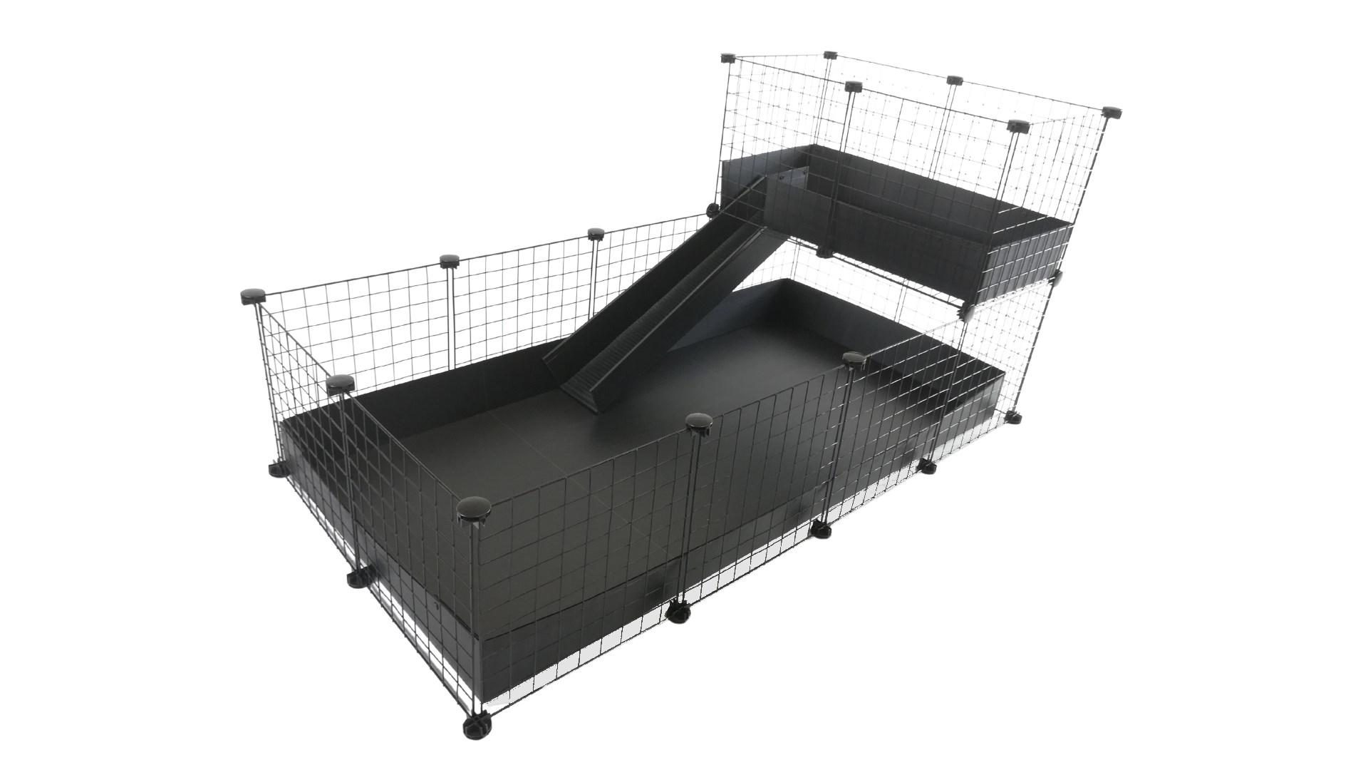 C&C modulbur, en-etagers 4x2 + Loft 2x1 + Rampe, sort, til marsvin, 149 cm x 77 cm