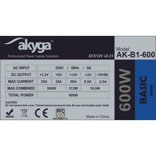 Strømforsyning ATX 600 W - Akyga AK-B1-600, 20+4 pin, grå