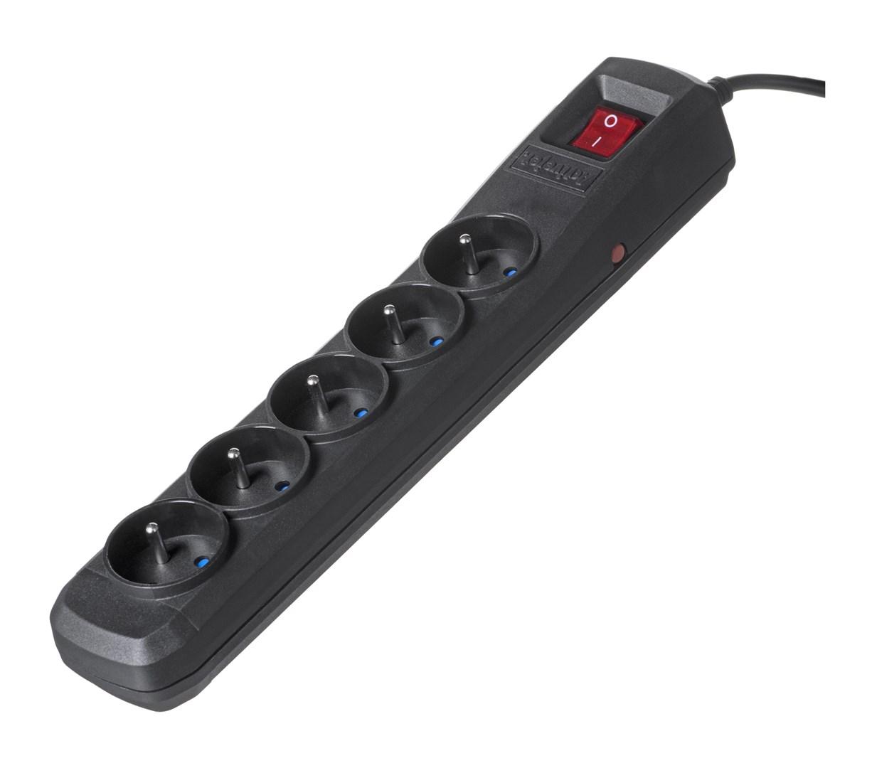 Stikdåse med 5 udtag og 5 m kabel – Activejet, sort, Type E, afbryder