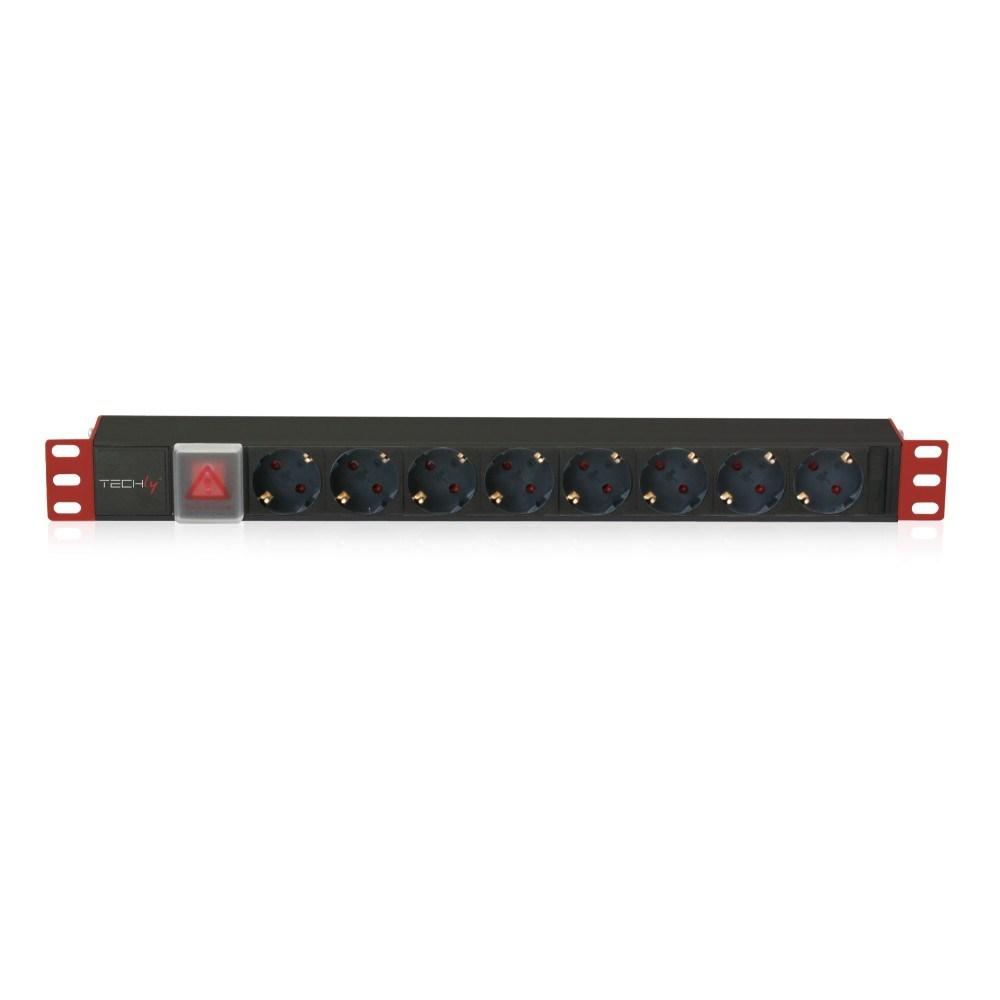 Stikdåse PDU 19" 1U - TECHly, 8 schuko-udtag, afbryder, sort/rød