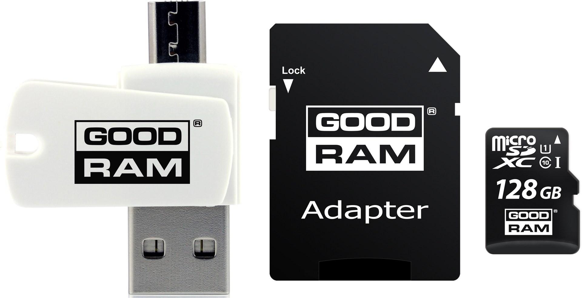 MicroSDHC hukommelseskort 128 GB – Goodram Class 10 UHS‑I med adaptere billede