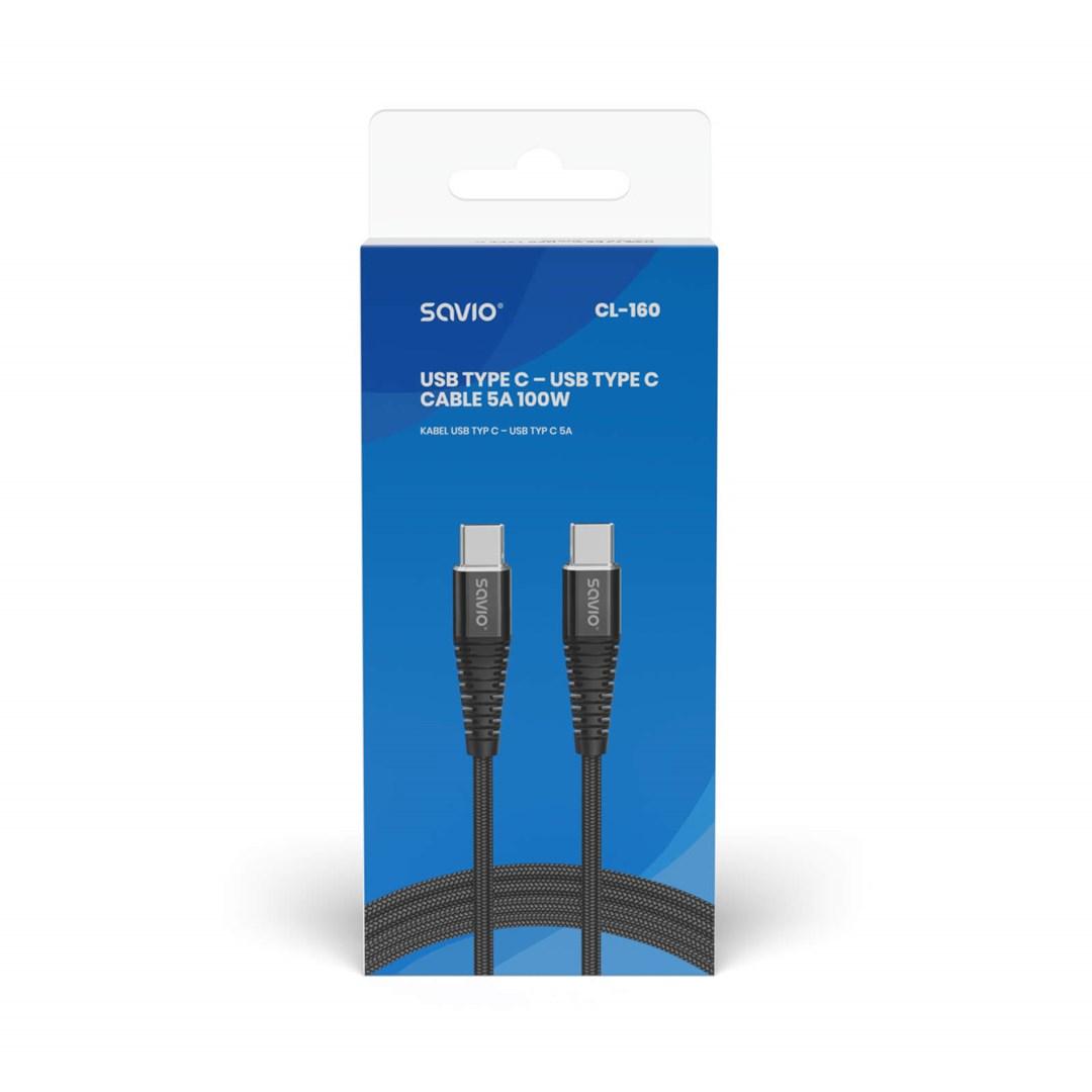USB-C kabel 2 m – Savio CL-160, USB 2.0, USB-C til USB-C, sort