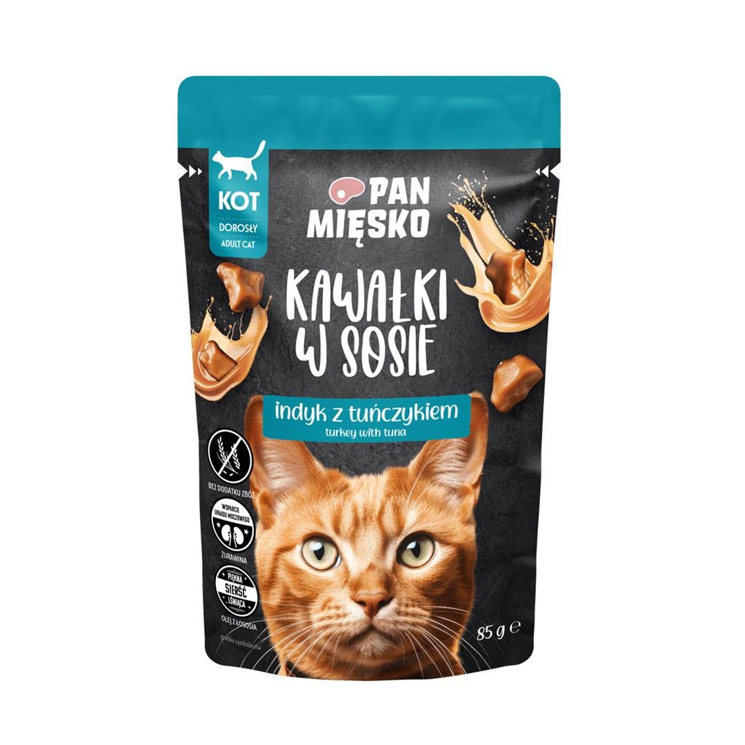Vådfoder til kat – PAN MIĘSKO stykker i sovs, kalkun med tun, 85 g