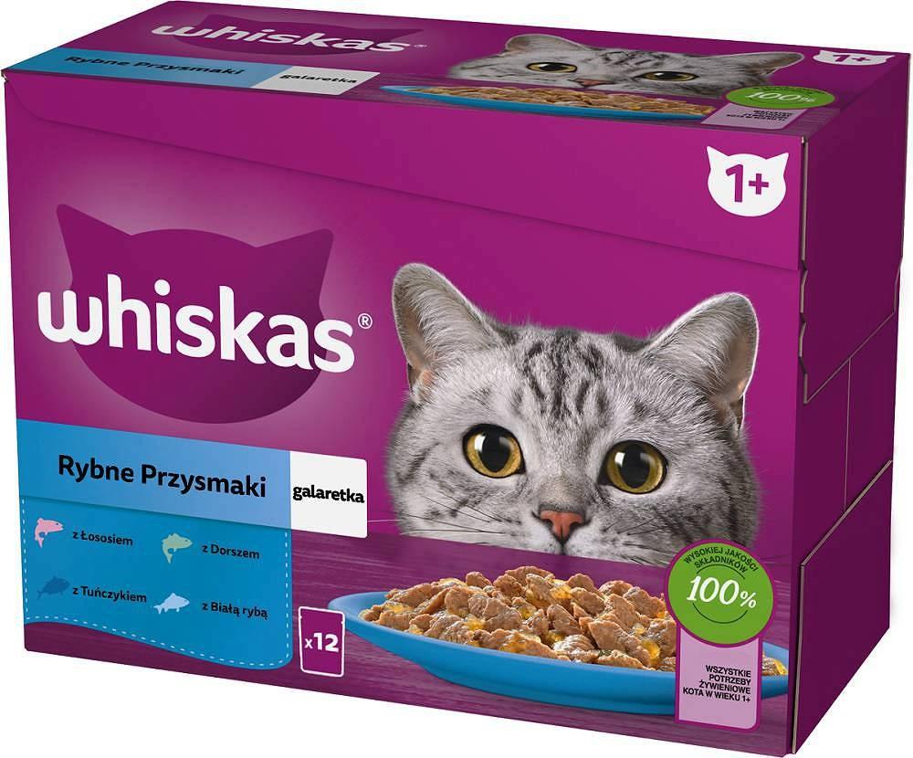 Vådfoder til kat – Whiskas jelly poser, smagsvarianter: hvid fisk, torsk, laks, tun – 12×85 g billede
