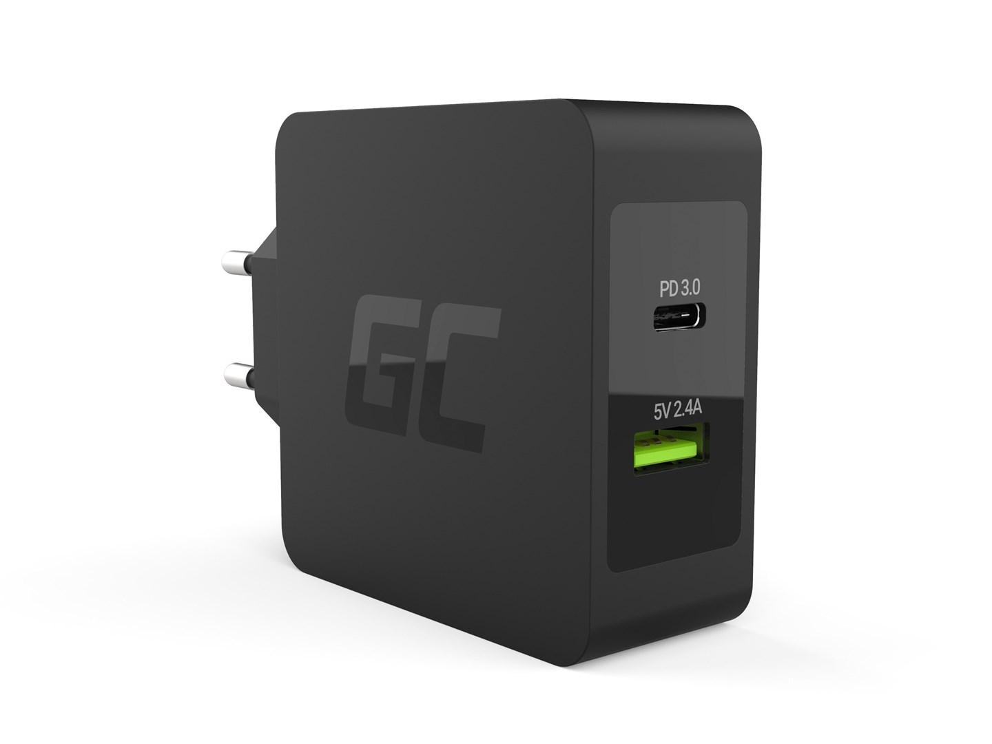 Vægoplader USB-C PD 45W + USB 2,4A – Green Cell (sort)