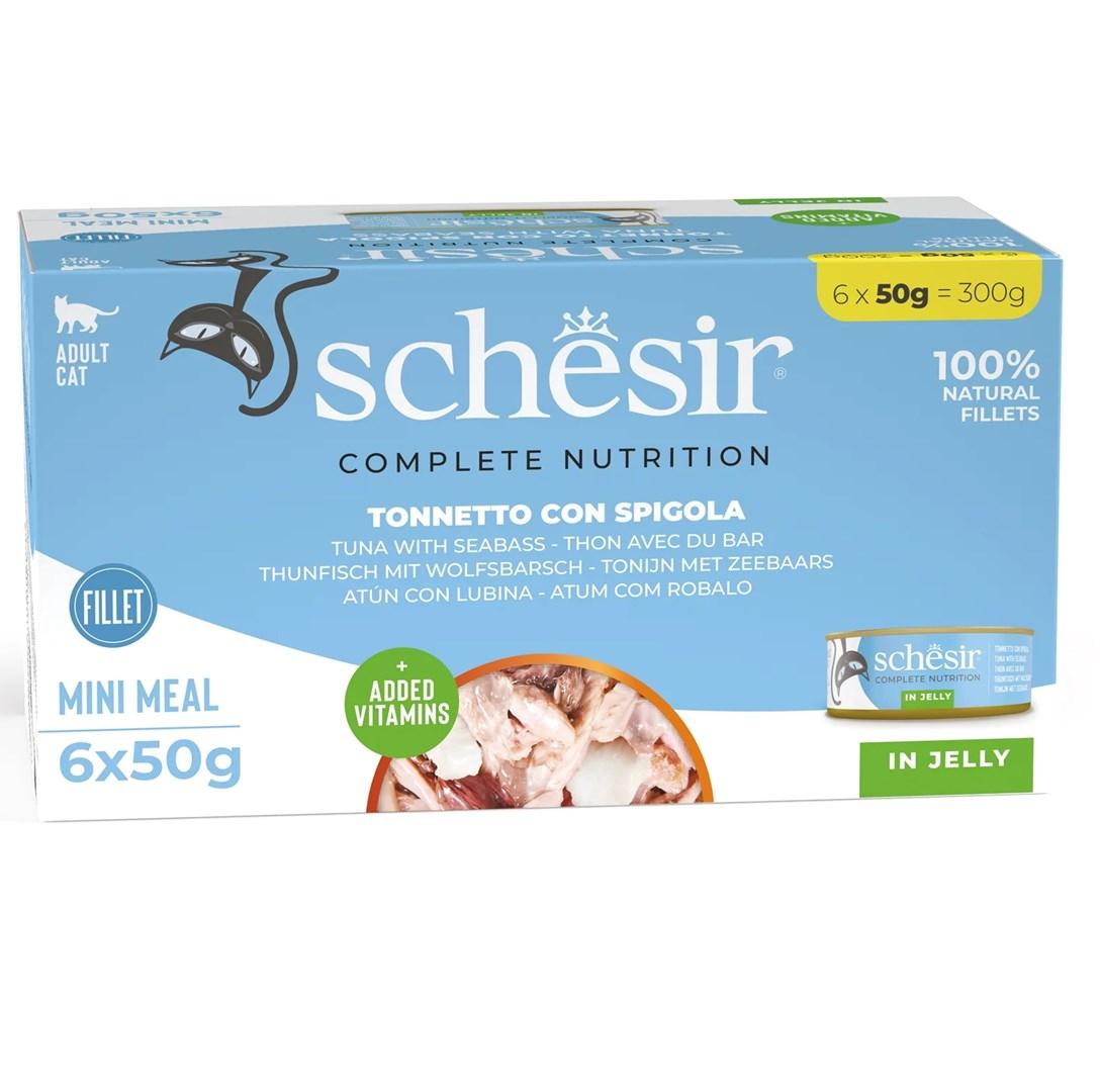 Vådfoder til kat – Schesir tun med havbars i gelé, 6×50 g