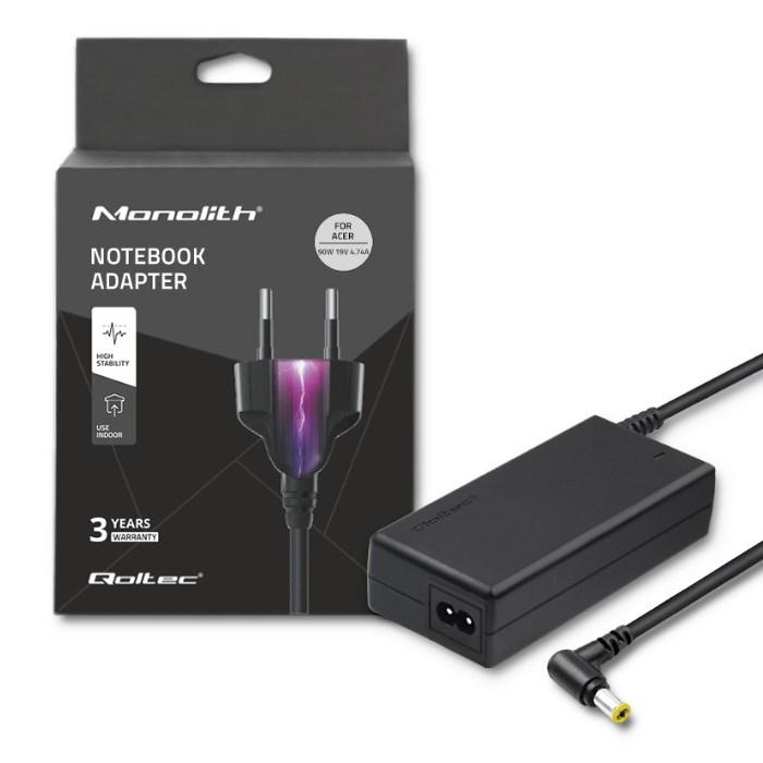 Strømforsyning til bærbar - Qoltec for Acer, 90 W, 19 V, 4,74 A, 5,5×1,7 mm + netkabel billede