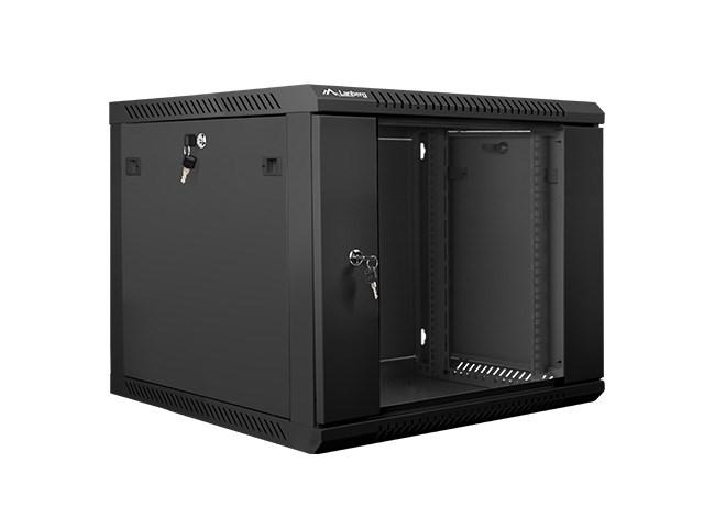 19" vægskab til rack - Lanberg 9U, 600 × 600 mm, sort, glasdør