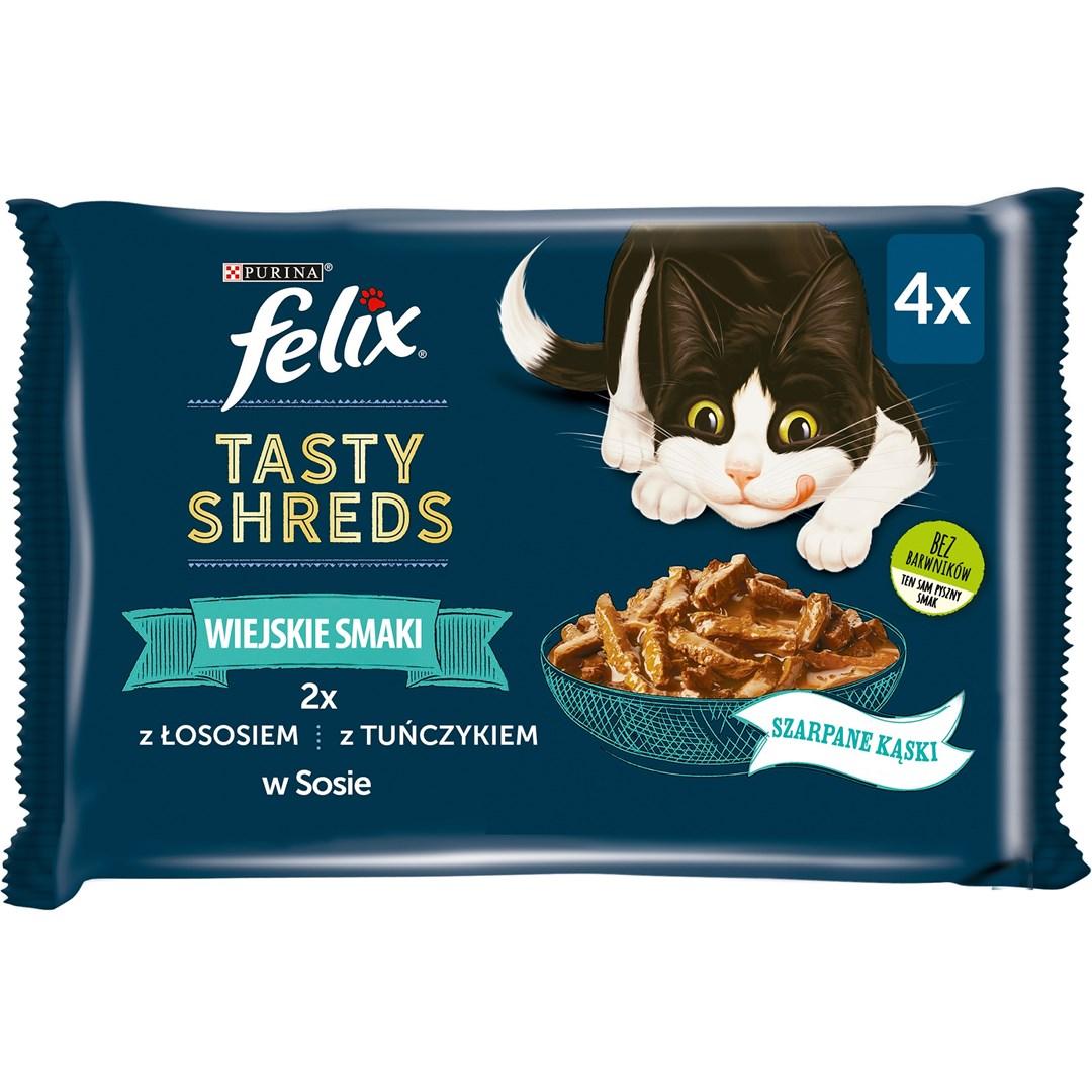 Kattemad vådfoder Purina Felix Tasty Shreds med laks og tun – 4×80 g