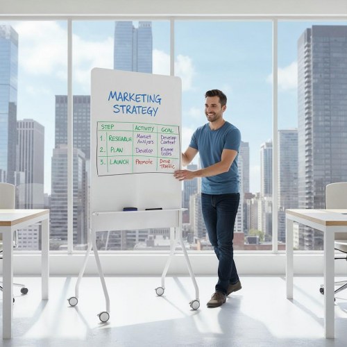 Whiteboard på hjul ergo office, lodret, hvid, enkeltsidet, med hylde, 119 × 79 cm
