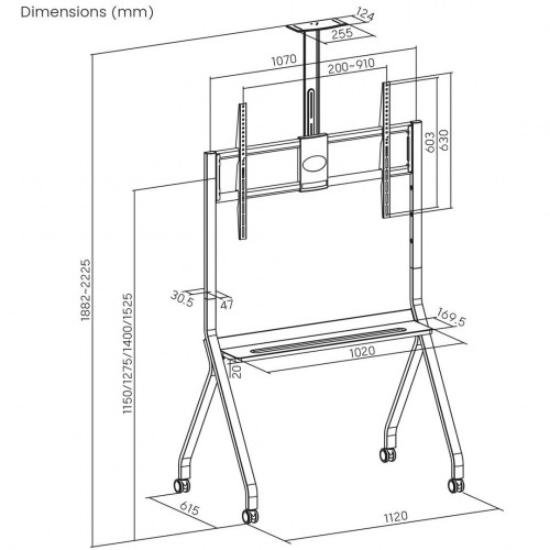 TV-vogn på hjul Maclean med kamerahylde, 55–100", max 120 kg, VESA op til 900×600, sort