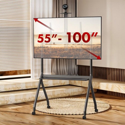 TV-vogn på hjul Maclean med kamerahylde, 55–100", max 120 kg, VESA op til 900×600, sort