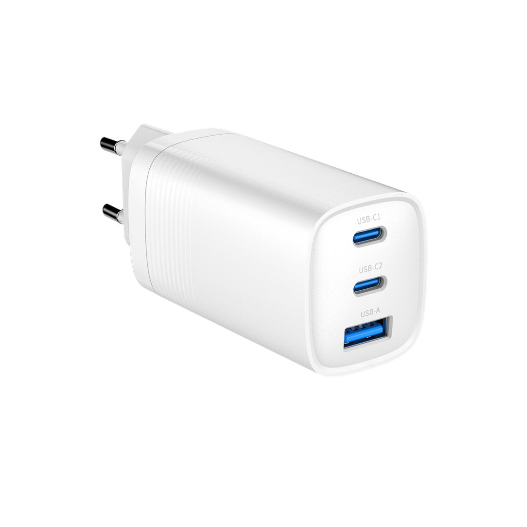 Hurtigoplader USB 65 W GaN - Gembird, 3 porte (2×USB‑C, 1×USB‑A), hvid billede