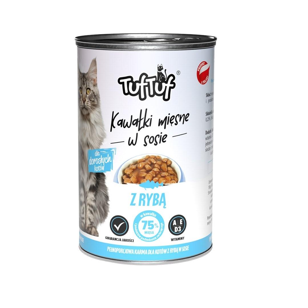 Vådfoder til kat – TufTuf kødstykker i sauce med fisk, 415 g