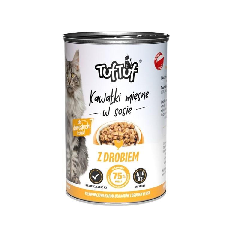 Vådfoder til kat – TufTuf kødstykker i sauce med fjerkræ, 415 g