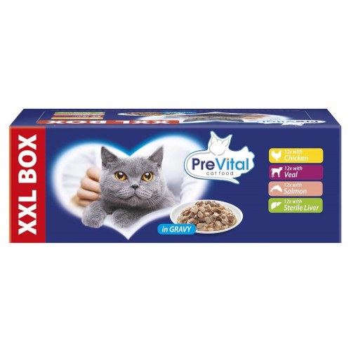 Vådfoder til kat – PREVITAL XXL boks med kylling, kalv, laks og lever i sauce, 48 × 100 g