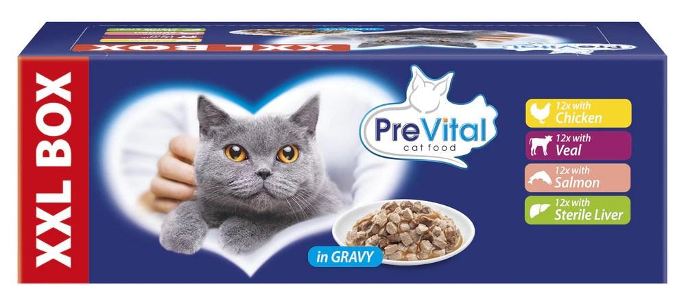 Vådfoder til kat – PREVITAL XXL boks med kylling, kalv, laks og lever i sauce, 48 × 100 g
