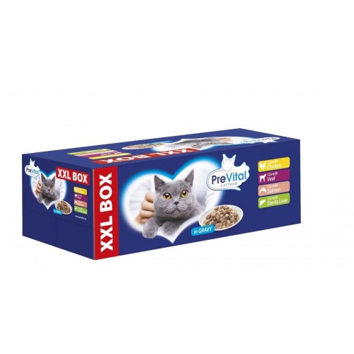 Vådfoder til kat – PREVITAL XXL boks med kylling, kalv, laks og lever i sauce, 48 × 100 g