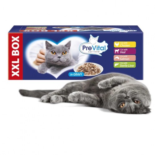 Vådfoder til kat – PREVITAL XXL boks med kylling, kalv, laks og lever i sauce, 48 × 100 g