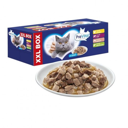 Vådfoder til kat – PREVITAL XXL boks med kylling, kalv, laks og lever i sauce, 48 × 100 g