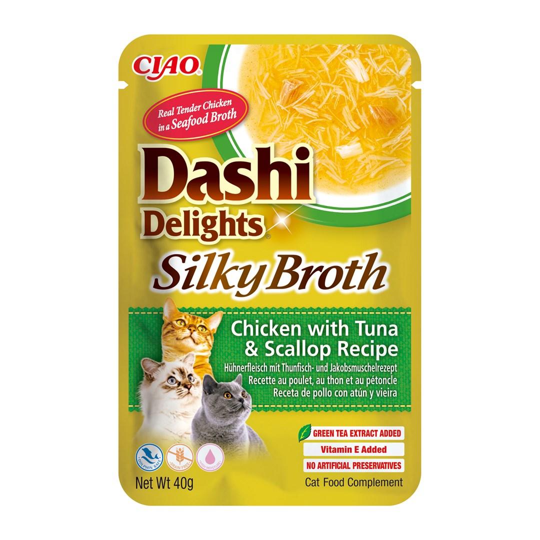 Kattesnack INABA Dashi Delights Silky Broth – Kylling med tun og kammusling, 40 g