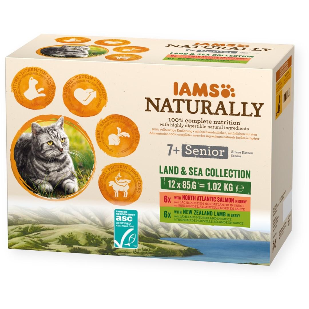 Vådfoder til kat IAMS Naturally Senior Land & Sea, 12 x 85 g