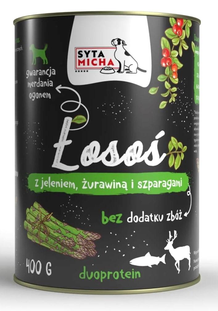 Hundefoder vådfoder SYTA MICHA laks med hjort, tranebær og asparges 400 g