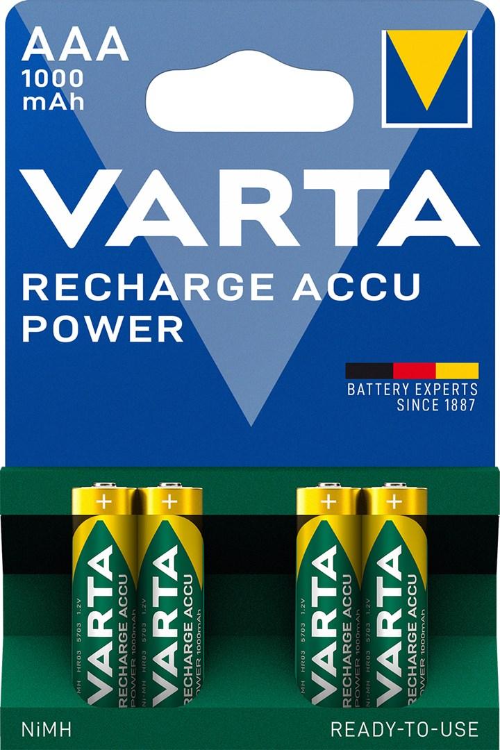 AAA genopladelige batterier – VARTA Recharge Accu Power 1000 mAh, 4‑pak