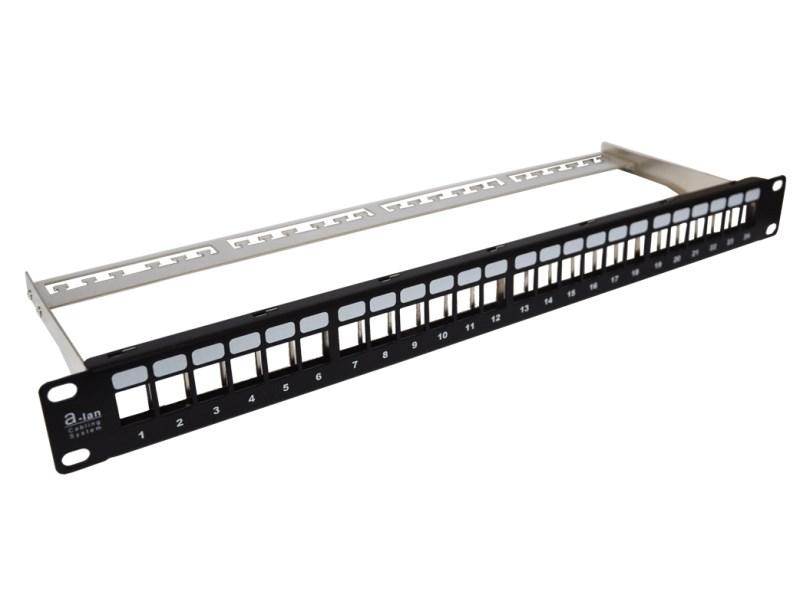 Patchpanel 1U – A-LAN Alan PK020, 24 porte, sort stål, rackmontering