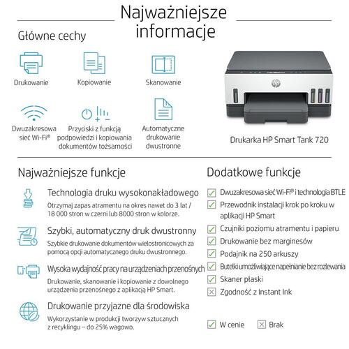 Inkjet printer HP Smart Tank 720 all-in-one A4, 4800 × 1200 dpi, 15 s/min, Wi‑Fi