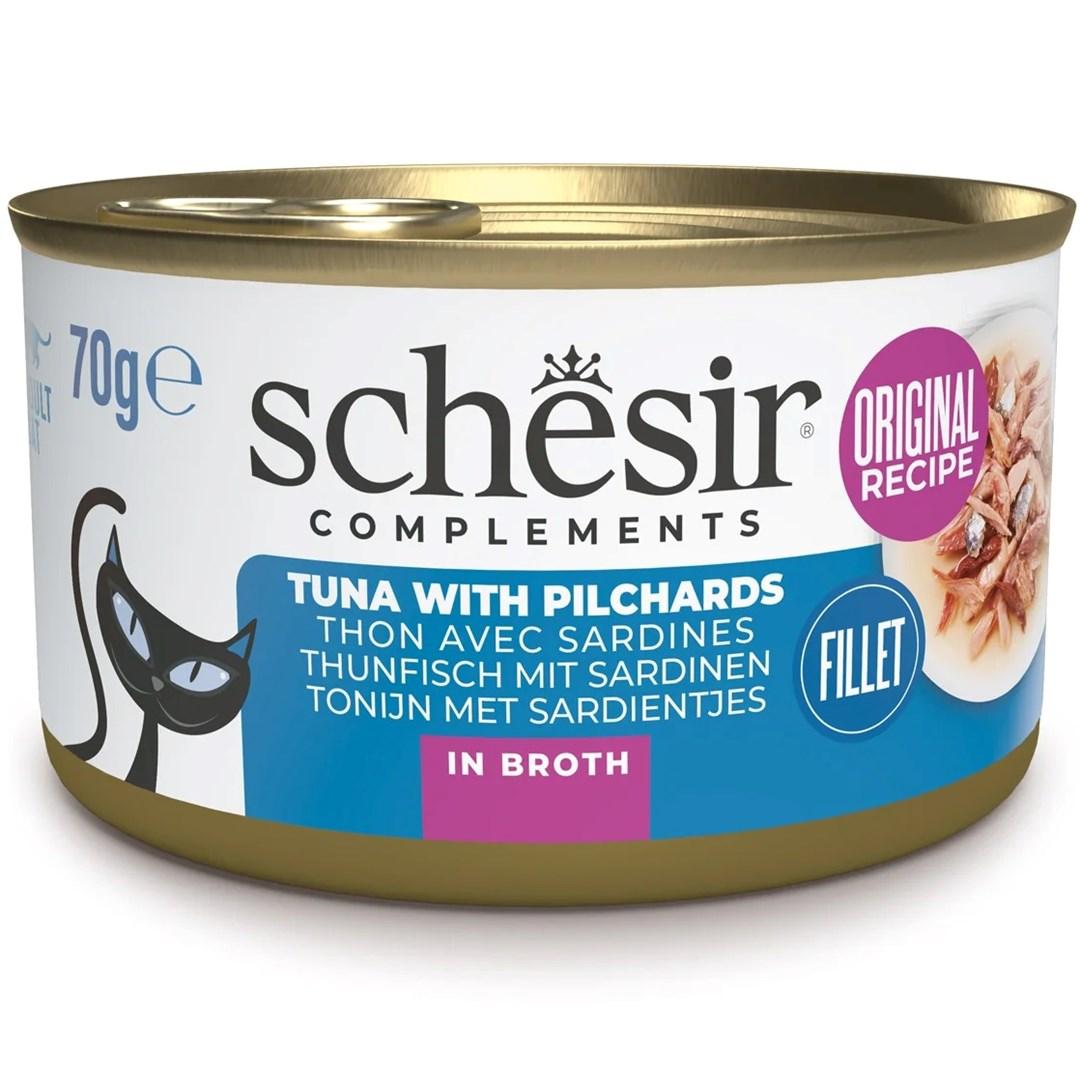 Vådfoder til kat – Schesir tun med sardiner i bouillon, 70 g