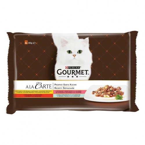 Vådfoder til kat – Purina Gourmet A la Carte, kylling, ørred, okse og fisk, 4 x 85 g