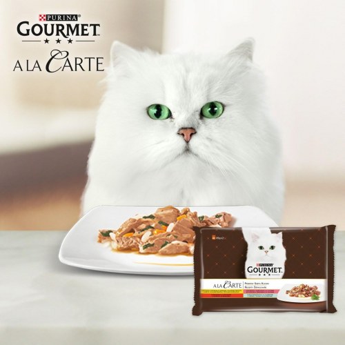 Vådfoder til kat – Purina Gourmet A la Carte, kylling, ørred, okse og fisk, 4 x 85 g